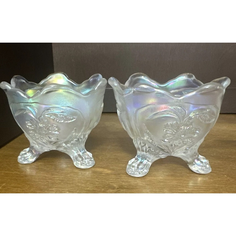 Pair Imperial Glass White Carnival Everglade 3 Footed Candleholders 3" Tall